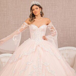 NEW LONG OFF THE SHOULDER EMBROIDERED SEQUIN BALL GOWN WITH LACE UP BACK GL3109